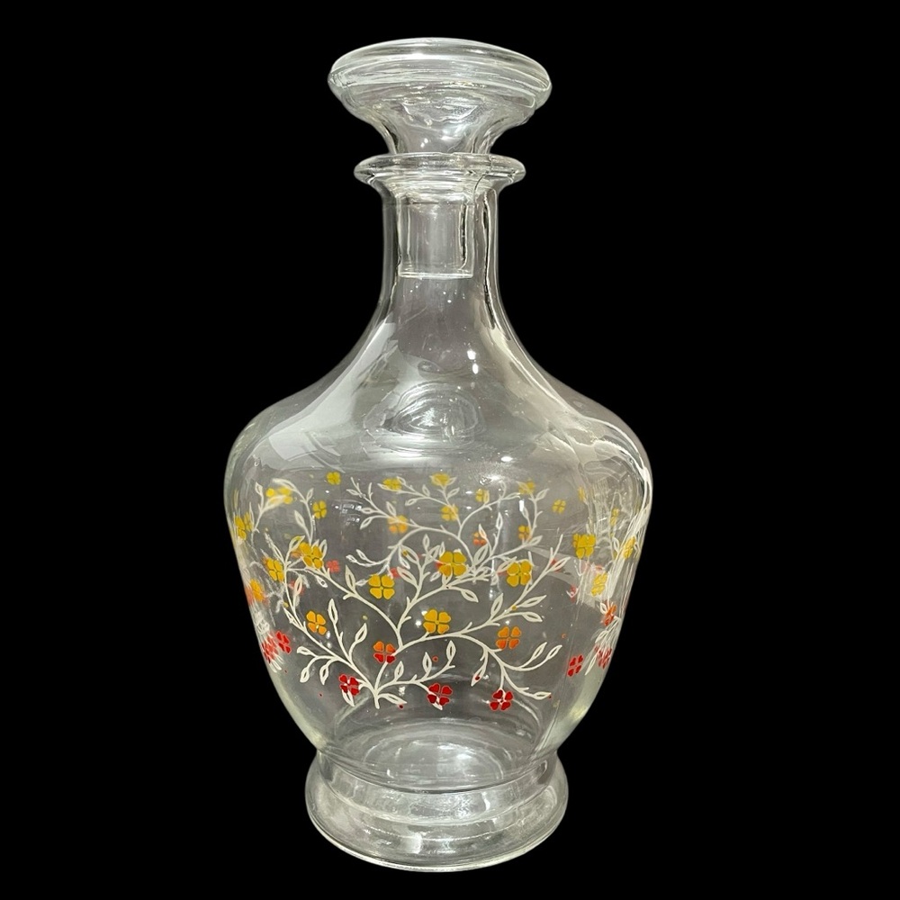 Vintage 1950s Kitschy Pressed Glass Decanter with Yellow & Red Floral Pattern